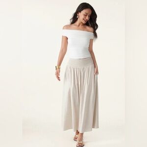 OGL European Linen Smocked Waist Lightweight Flowy Maxi Skirt with Pockets Sz M